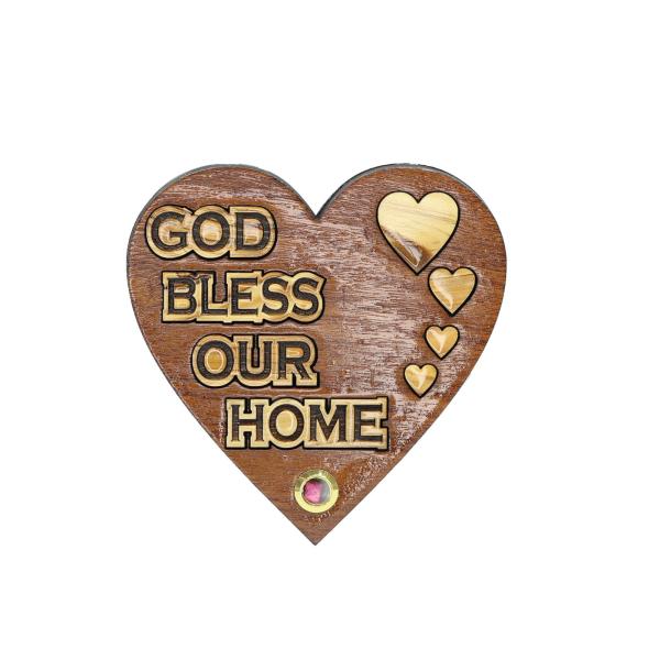 Olive Wood Heart God Bless Our Home Plaque
