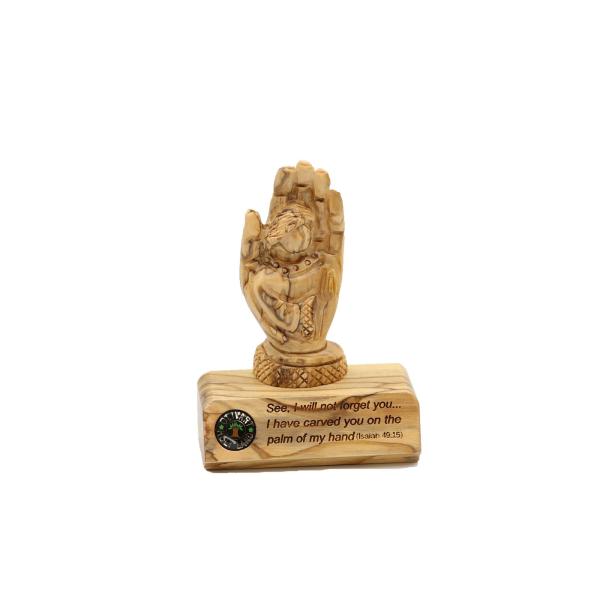 Olive Wood Carved Hand with Child on Base