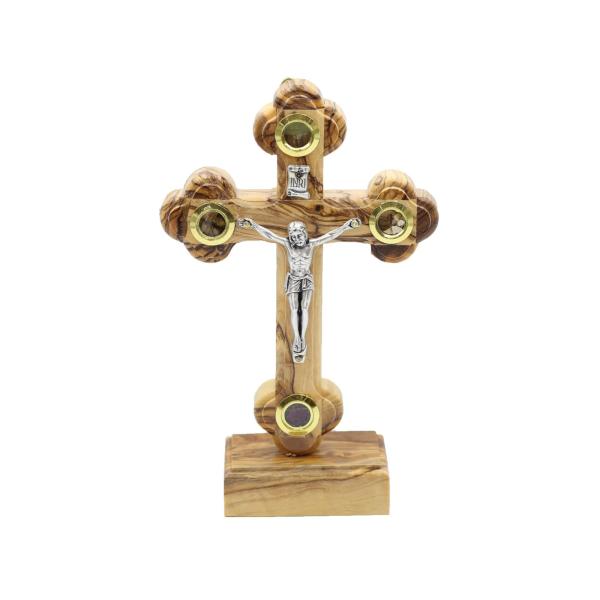 Olive Wood Budded Crucifix with Relic Capsules