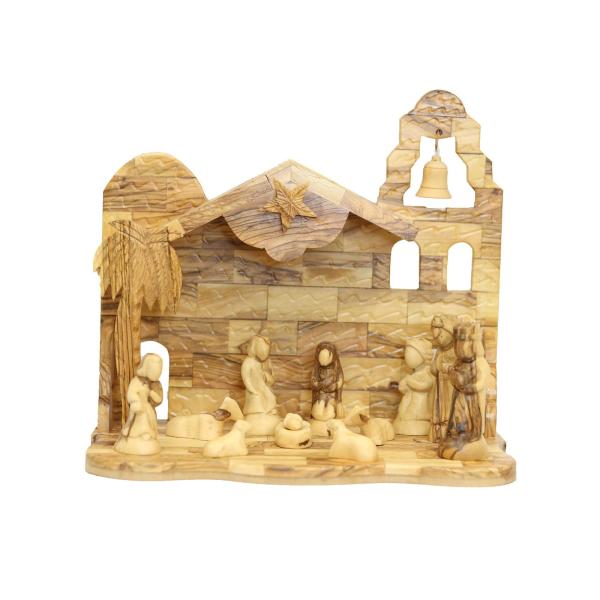 Olive Wood Nativity Stable with Bell Tower