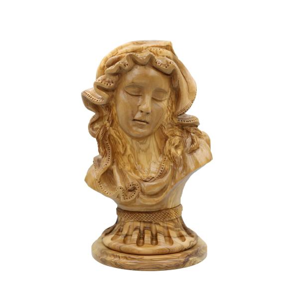 Olive Wood Veiled Madonna Bust on Pedestal