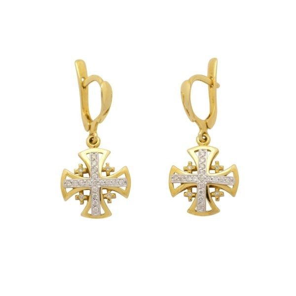 14K Yellow Gold Jerusalem Cross Earrings with 0.30 ct Diamonds