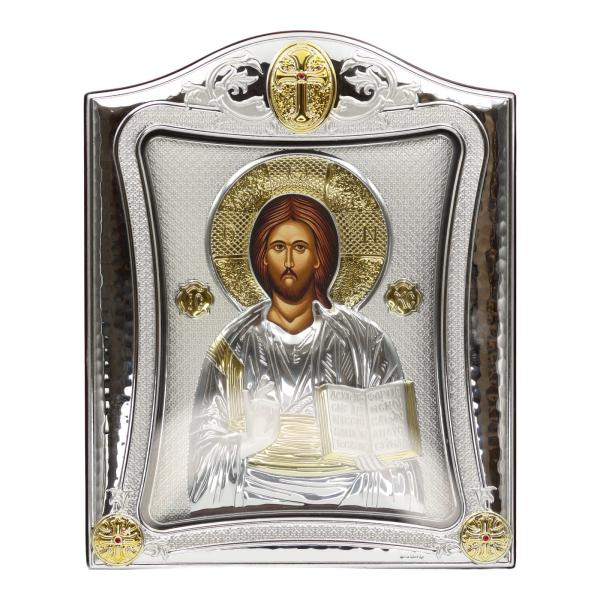 Silver-Plated Christ Pantocrator Icon with Arched Crest