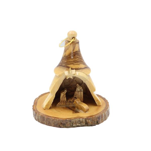 Olive Wood Tree Nativity Ornament on Bark Slice