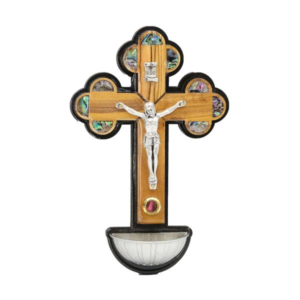 Olive Wood Crucifix Holy Water Font with Abalone Inlay