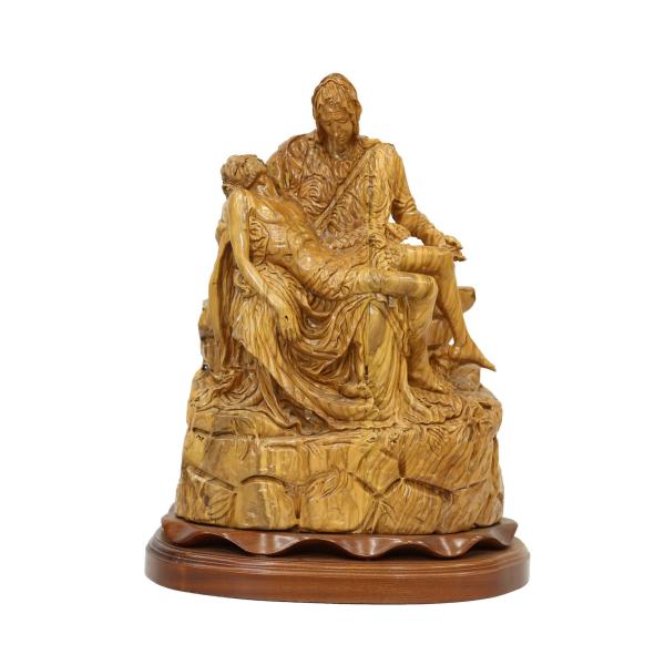 Olive Wood Pieta Sculpture on Round Base