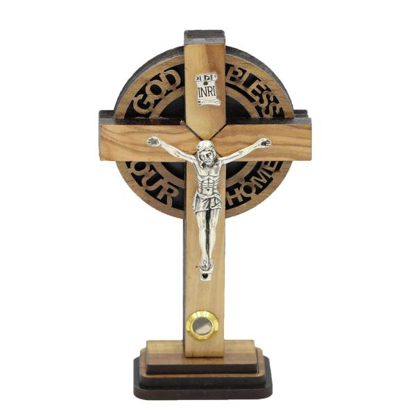 Olive Wood Standing Crucifix with Blessing Disc