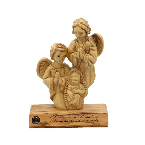 Olive Wood Praying Angels Over Baby Jesus