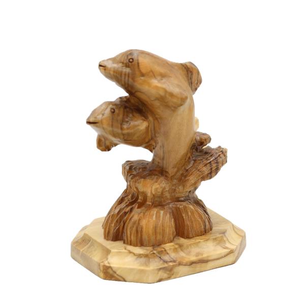 Olive Wood Leaping Fish Pair on Octagonal Base