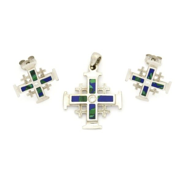 14K White Gold Jerusalem Cross Jewellery Set with 0.05 ct Diamonds, Malachite (Style 1)