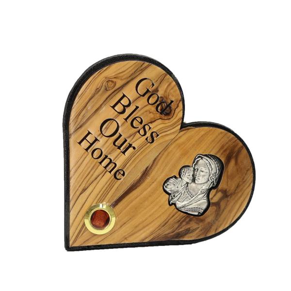 Olive Wood Heart Plaque with Madonna and Child