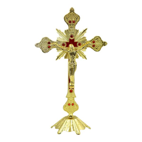 Gold-Plated Standing Crucifix with Red Stones