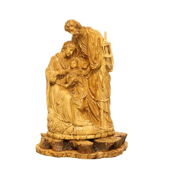 Olive Wood Seated Holy Family on Bark Base