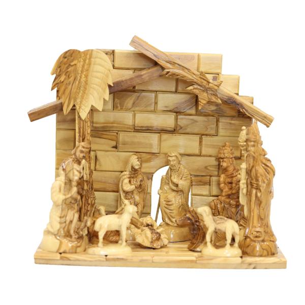 Olive Wood Brick Stable Nativity with Palm Tree
