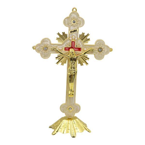 Gold-Plated Standing Crucifix with White Enamel