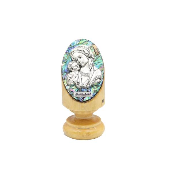 Silver-Plated Madonna and Child Icon on Olive Wood Stand