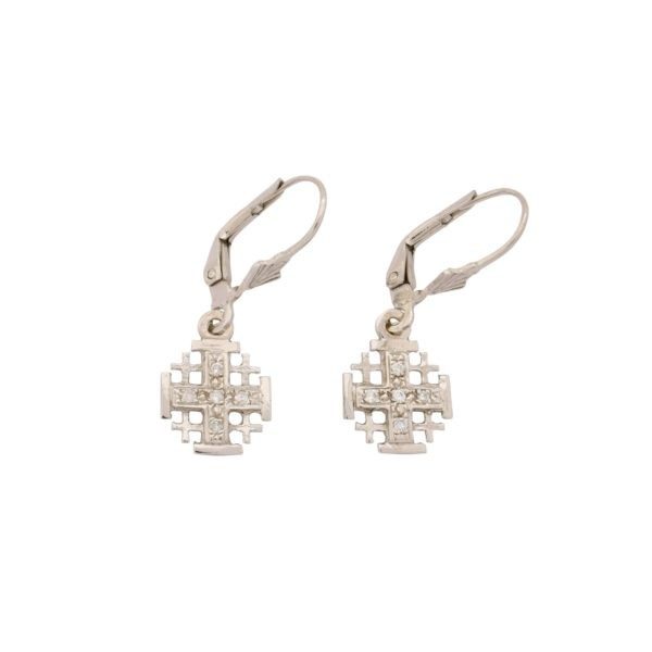 14K White Gold Jerusalem Cross Earrings with 0.10 ct Diamonds