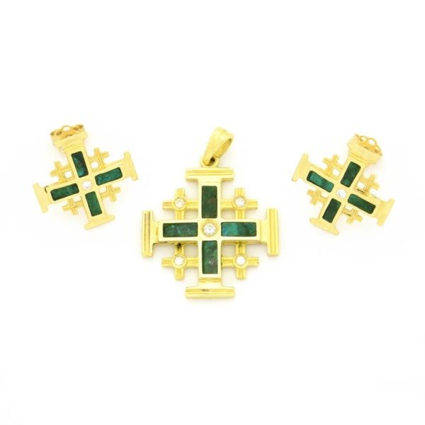 14K Yellow Gold Jerusalem Cross Jewellery Set with 0.12 ct Diamonds, Malachite (Style 3)