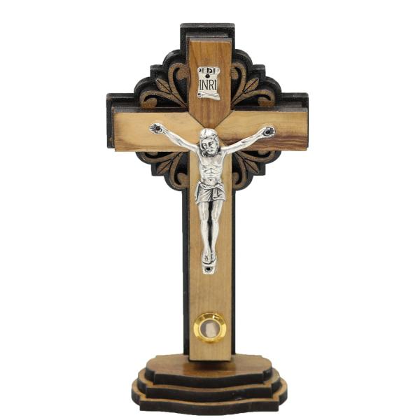 Olive Wood Standing Crucifix with Carved Openwork Frame