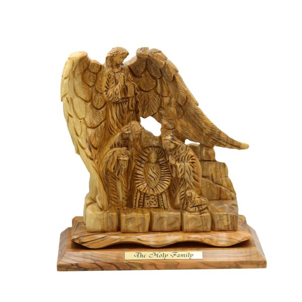 Olive Wood Nativity with Winged Angel Over Manger