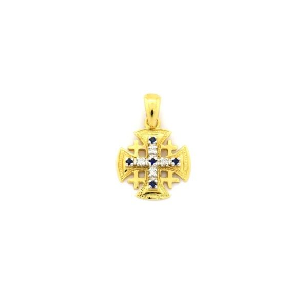 14K Yellow Gold Jerusalem Cross Pendant with 0.06 ct Diamonds, Sapphire