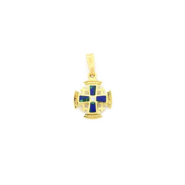 14K Yellow Gold Jerusalem Cross Pendant with 0.04 ct Diamonds, Malachite