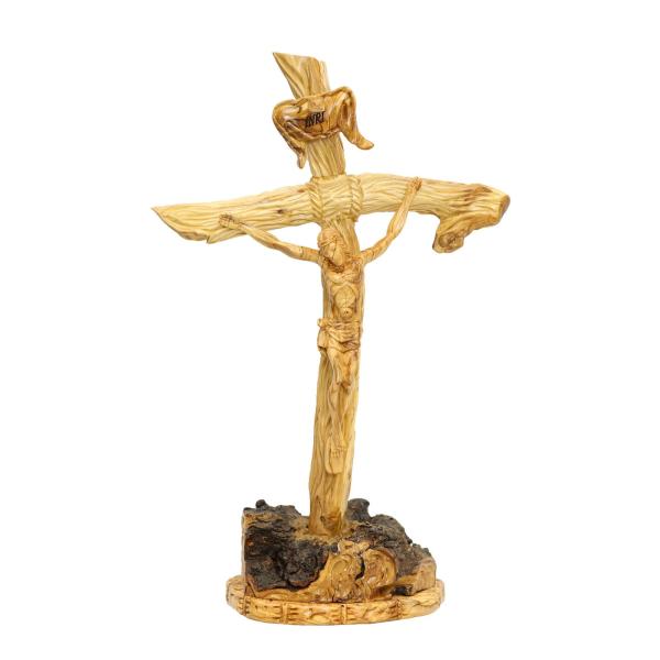 Olive Wood Branch Crucifix on Bark Base
