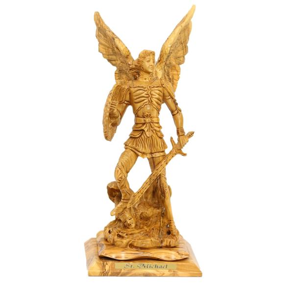 Olive Wood Saint Michael with Sword Statue