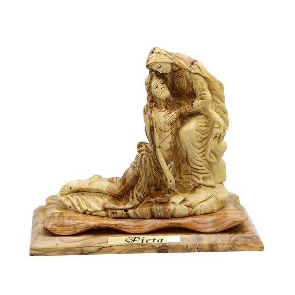 Olive Wood Pieta Sculpture with Title Plaque