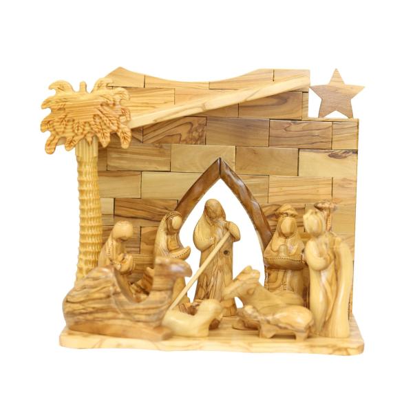 Olive Wood Nativity Stable with Palm Tree and Star
