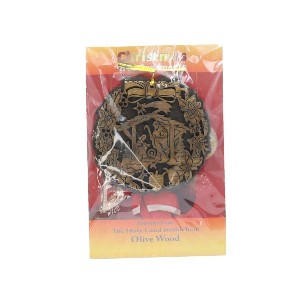 Olive Wood Holly Wreath Nativity Ornament