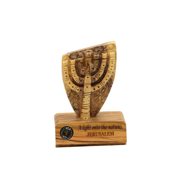 Olive Wood Menorah Shield Plaque on Base