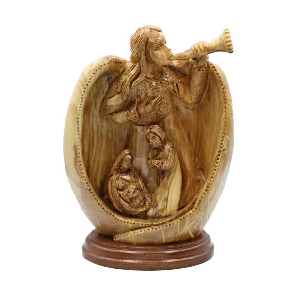 Olive Wood Oval Nativity with Trumpeting Angel