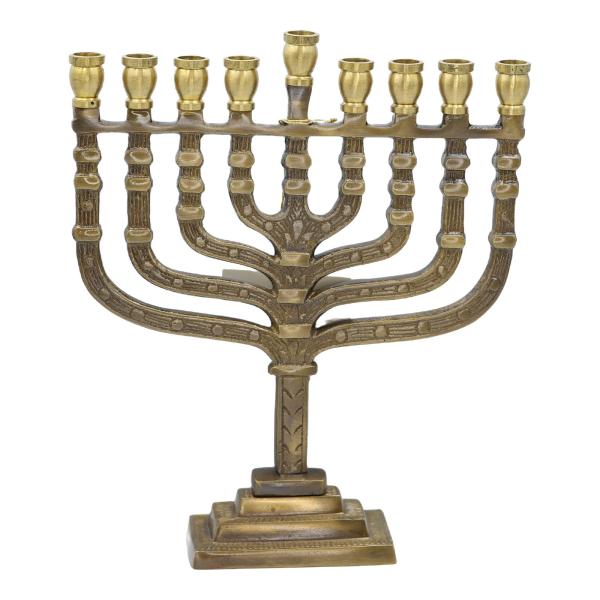 Antiqued Brass Nine-Branch Menorah on Stepped Base