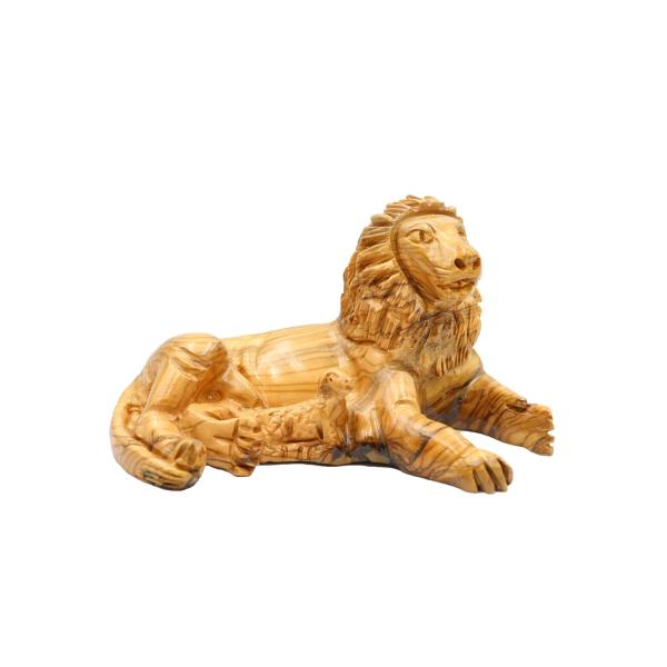Olive Wood Lying Lion and Lamb Carving