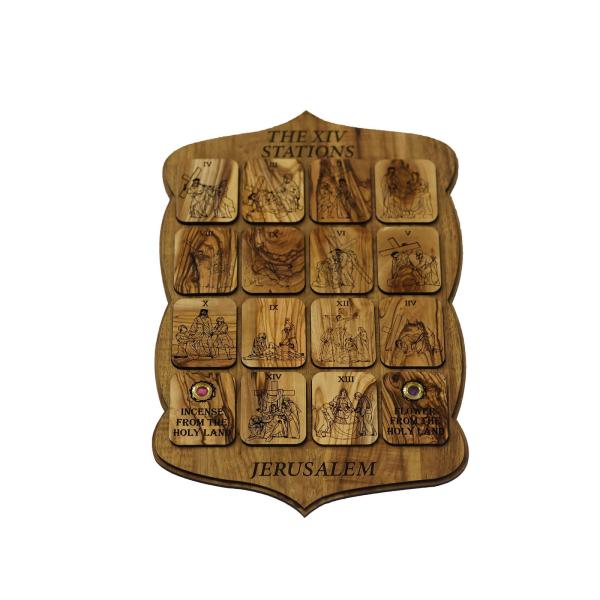 Olive Wood Fourteen Stations of the Cross Plaque
