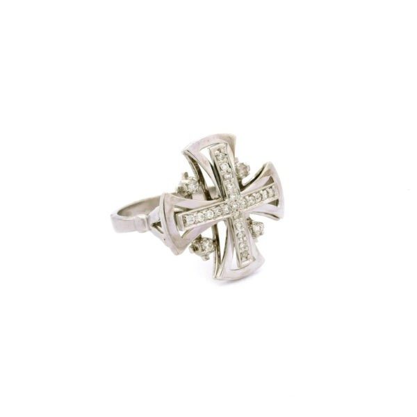 14K White Gold Jerusalem Cross Ring with 0.23 ct Diamonds