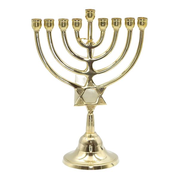Brass Nine-Branch Menorah with Star of David