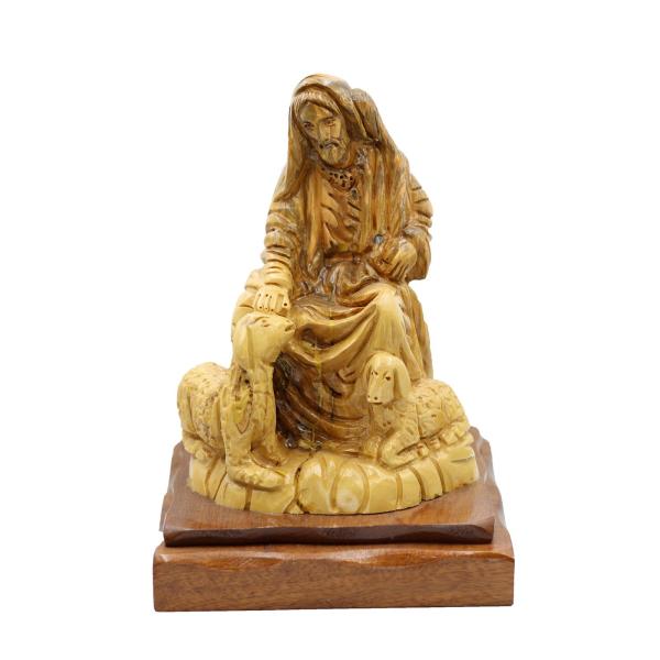 Olive Wood Seated Shepherd with Sheep
