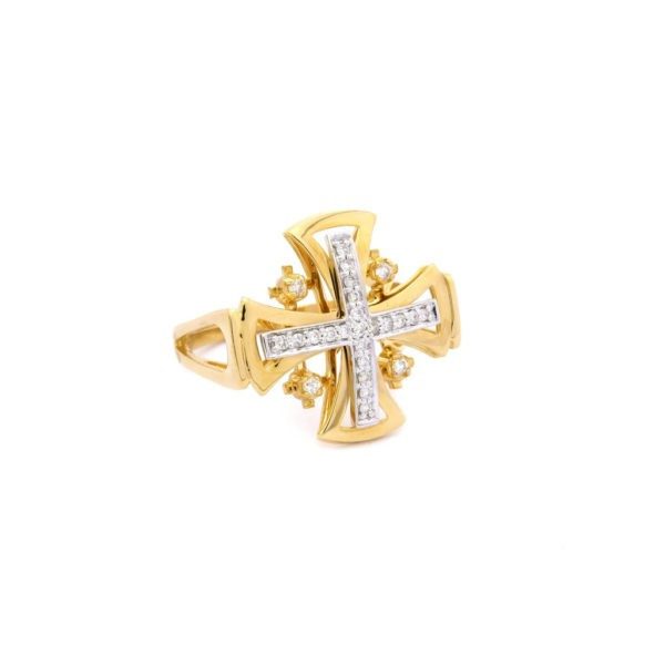 14K Yellow Gold Jerusalem Cross Ring with 0.23 ct Diamonds