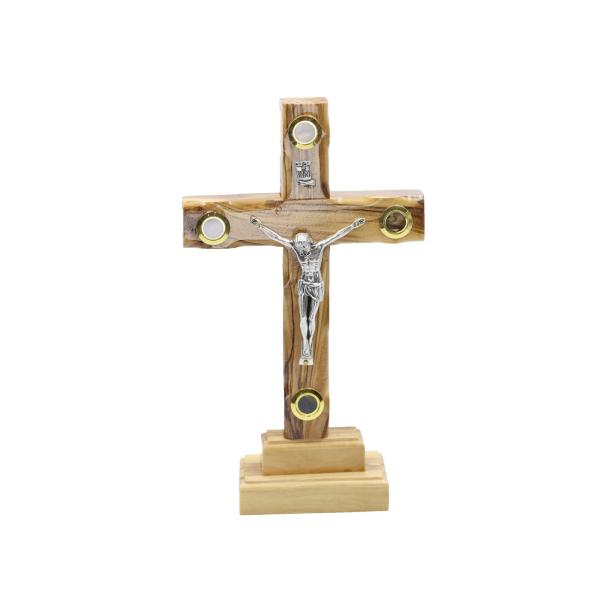 Olive Wood Standing Crucifix with Holy Land Relics