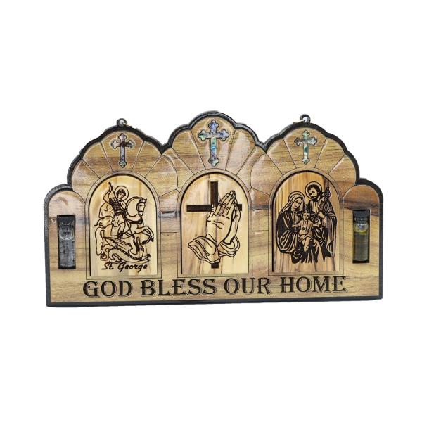 Olive Wood God Bless Our Home Triptych Plaque