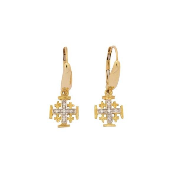 14K Yellow Gold Jerusalem Cross Earrings with 0.10 ct Diamonds