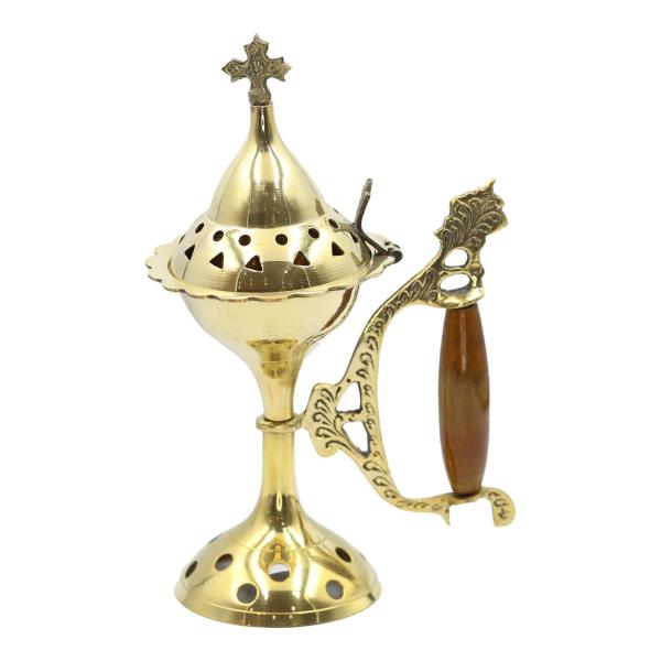 Brass Incense Burner with Side Handle and Cross