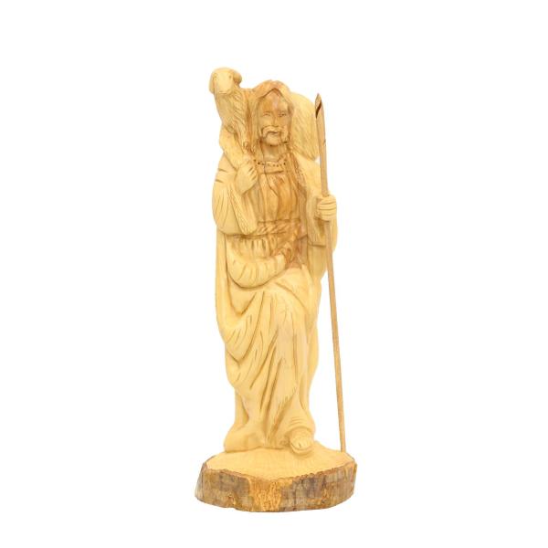 Olive Wood Good Shepherd Statue with Sheep on Shoulders