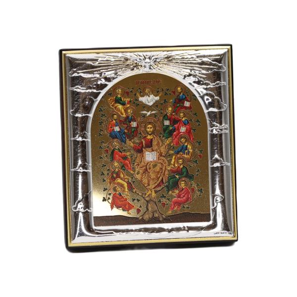 Silver-Plated Icon with Gilded Multi-Figure Scene