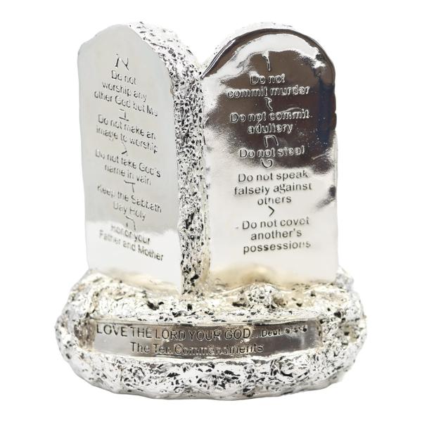 Silver-Plated Ten Commandments Tablets on Rock Base