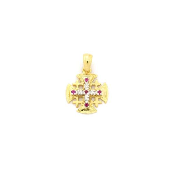 14K Yellow Gold Jerusalem Cross Pendant with 0.06 ct Diamonds, Rubies