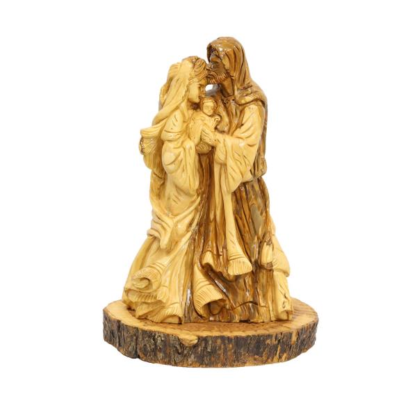 Olive Wood Holy Family Embrace on Bark Base