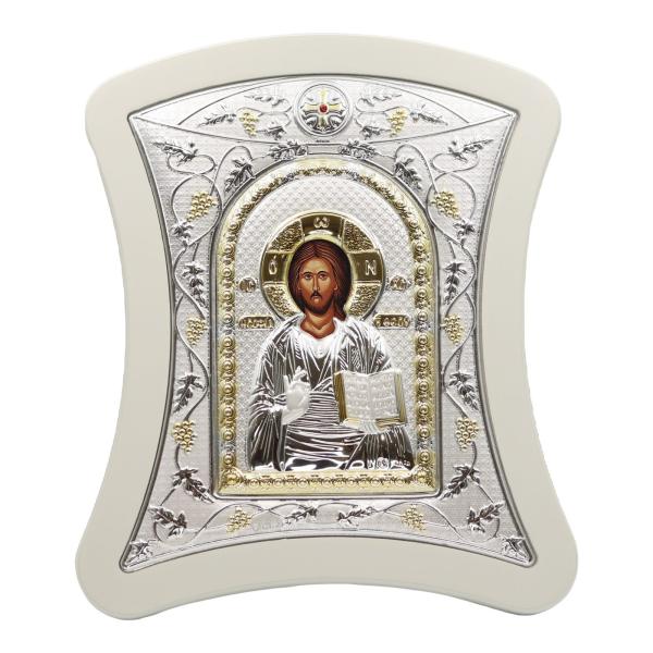 Silver-Plated Christ Pantocrator Icon on White Frame